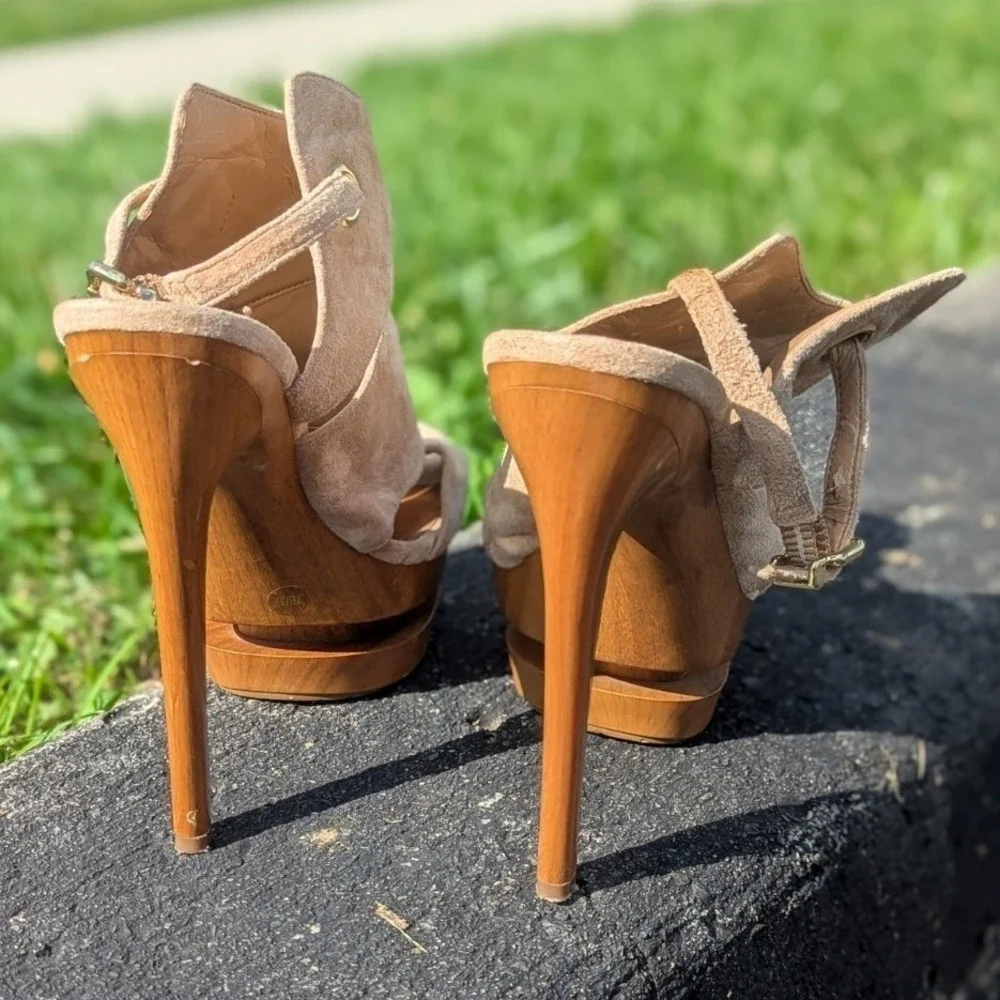 Y2K Jessica Simpson Suede Platform Heels 7B Sculptural Stiletto Tan